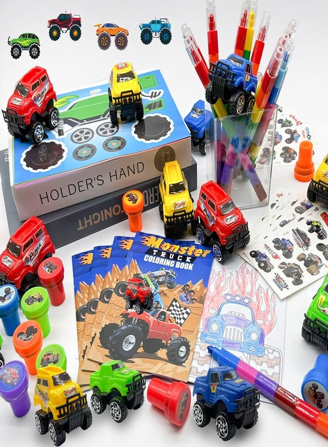 Cinrobiye 72 Pcs Monster Truck Party Favors Bulk, Truck Car Coloring Books with Crayons Stickers Stampers Goodie Bag Fillers, Race Car Birthday Supplies, Wheels Party Pinata Gifts - Image 4
