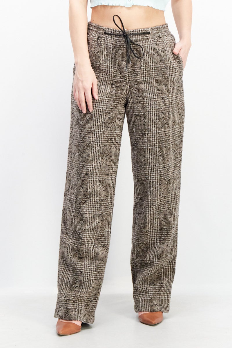 ESPRIT Women Regular Fit Ribbed Wide Leg Pants, Brown Combo - Image 1