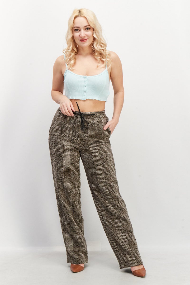 ESPRIT Women Regular Fit Ribbed Wide Leg Pants, Brown Combo - Image 2