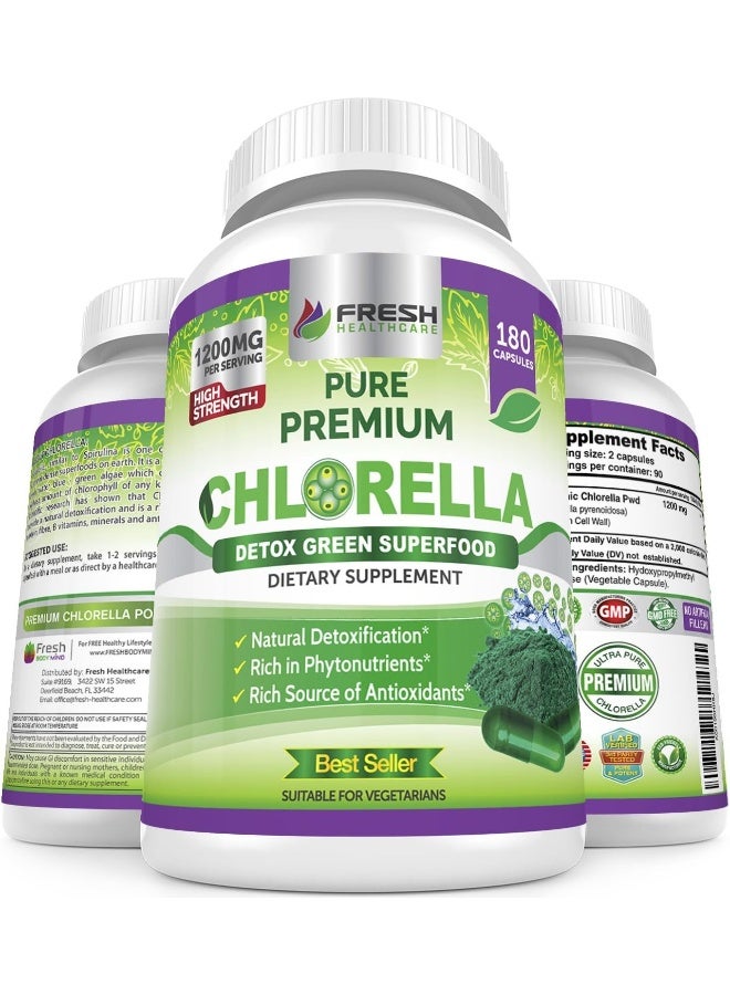 FRESH HEALTHCARE Chlorella Supplement, 1200mg Pure Vegan Powder Capsules, 180 Chlorophyll and CFG Pills - Image 1