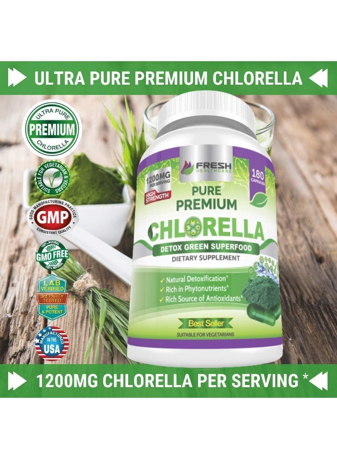 FRESH HEALTHCARE Chlorella Supplement, 1200mg Pure Vegan Powder Capsules, 180 Chlorophyll and CFG Pills - Image 2