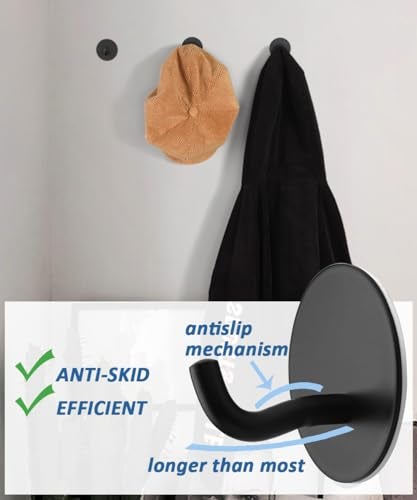 Uvish Matte Black Adhesive Towel Hooks 6 Pack Heavy Duty Wall Hooks for Hanging Robes, Loofah, Towels, Clothes Coat Hooks Stick on Bathroom or Kitchen Stainless Steel - Image 2