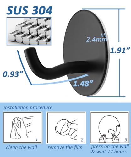 Uvish Matte Black Adhesive Towel Hooks 6 Pack Heavy Duty Wall Hooks for Hanging Robes, Loofah, Towels, Clothes Coat Hooks Stick on Bathroom or Kitchen Stainless Steel - Image 3