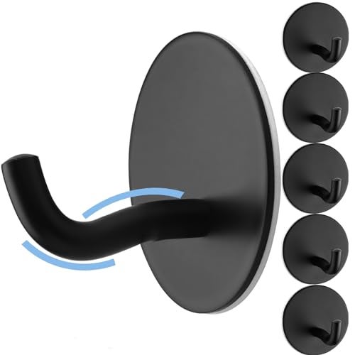 Uvish Matte Black Adhesive Towel Hooks 6 Pack Heavy Duty Wall Hooks for Hanging Robes, Loofah, Towels, Clothes Coat Hooks Stick on Bathroom or Kitchen Stainless Steel - Image 1