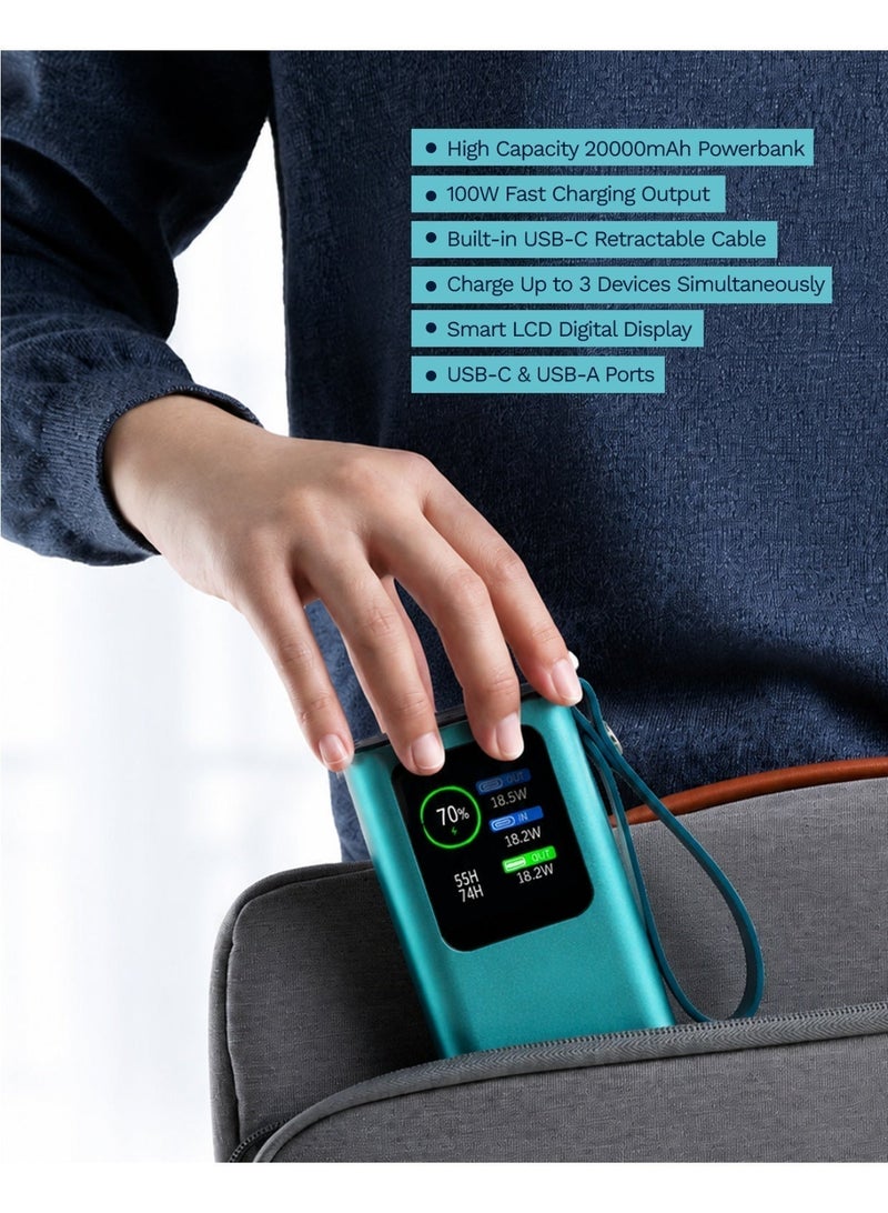 لووب LOOP 20000mAh 100W - شاحن محمول يدعم الشحن السريع مزود بكابل USB-C مدمج قابل للسحب، شاحن محمول، حزمة بطارية تدعم PD 3.0 لأجهزة iPhone 15/16/17 وSamsung Galaxy وMacBook وiPad - Image 3