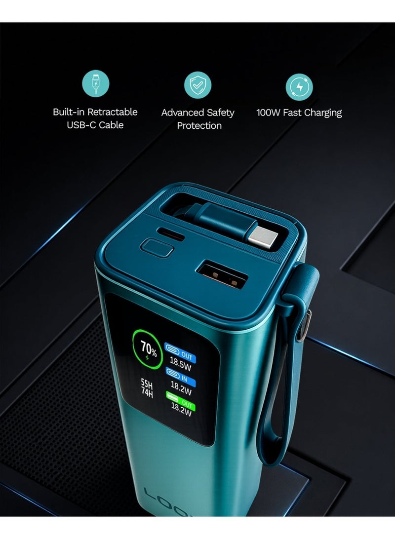 لووب LOOP 20000mAh 100W - شاحن محمول يدعم الشحن السريع مزود بكابل USB-C مدمج قابل للسحب، شاحن محمول، حزمة بطارية تدعم PD 3.0 لأجهزة iPhone 15/16/17 وSamsung Galaxy وMacBook وiPad - Image 2