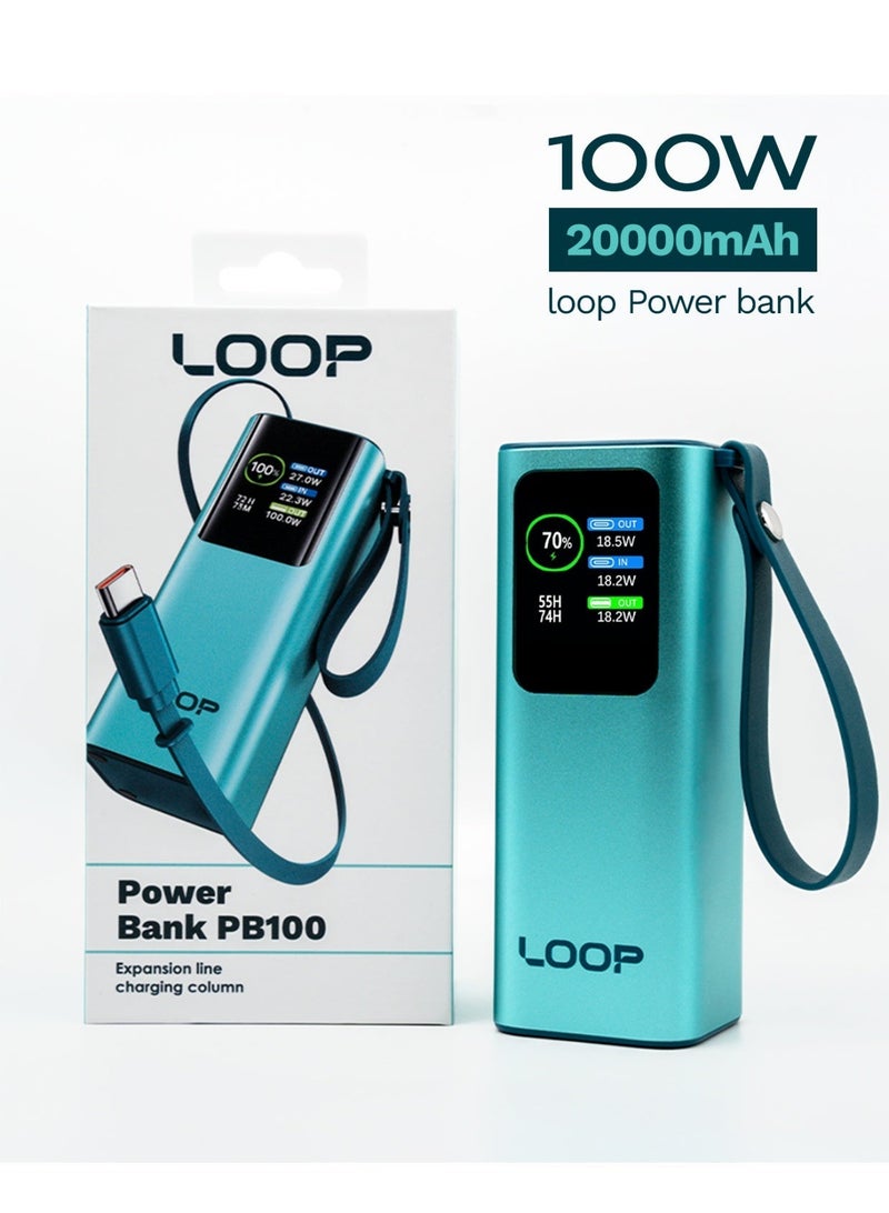 لووب LOOP 20000mAh 100W - شاحن محمول يدعم الشحن السريع مزود بكابل USB-C مدمج قابل للسحب، شاحن محمول، حزمة بطارية تدعم PD 3.0 لأجهزة iPhone 15/16/17 وSamsung Galaxy وMacBook وiPad - Image 1