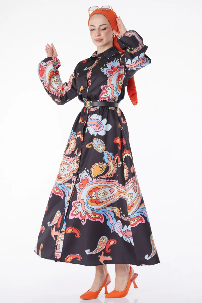 Tofisa Plain Shirt Collar Women's Black Elastic Waist Patterned Dress - 25229
