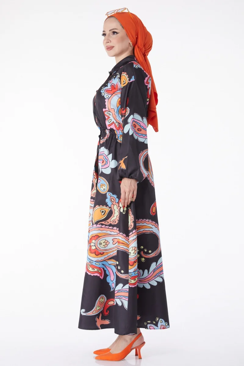 Tofisa Plain Shirt Collar Women's Black Elastic Waist Patterned Dress - 25229