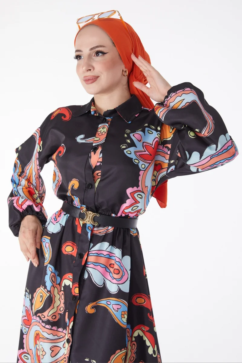 Tofisa Plain Shirt Collar Women's Black Elastic Waist Patterned Dress - 25229