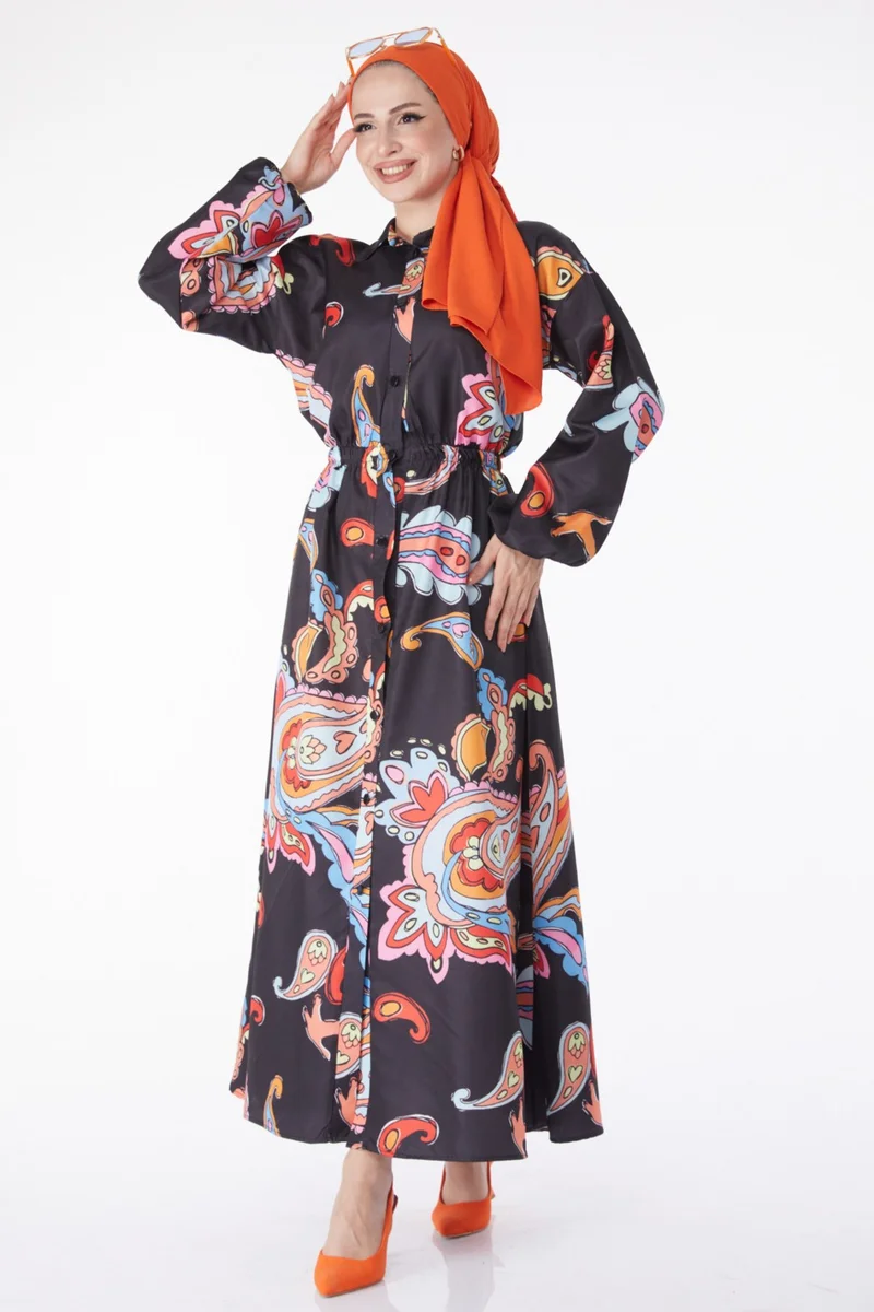 Tofisa Plain Shirt Collar Women's Black Elastic Waist Patterned Dress - 25229
