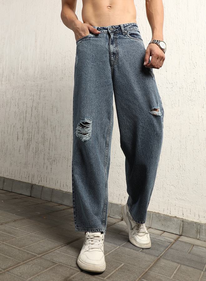 Hubberholme Baggy Mid Rise Light Distress Jeans by Styli - Image 1