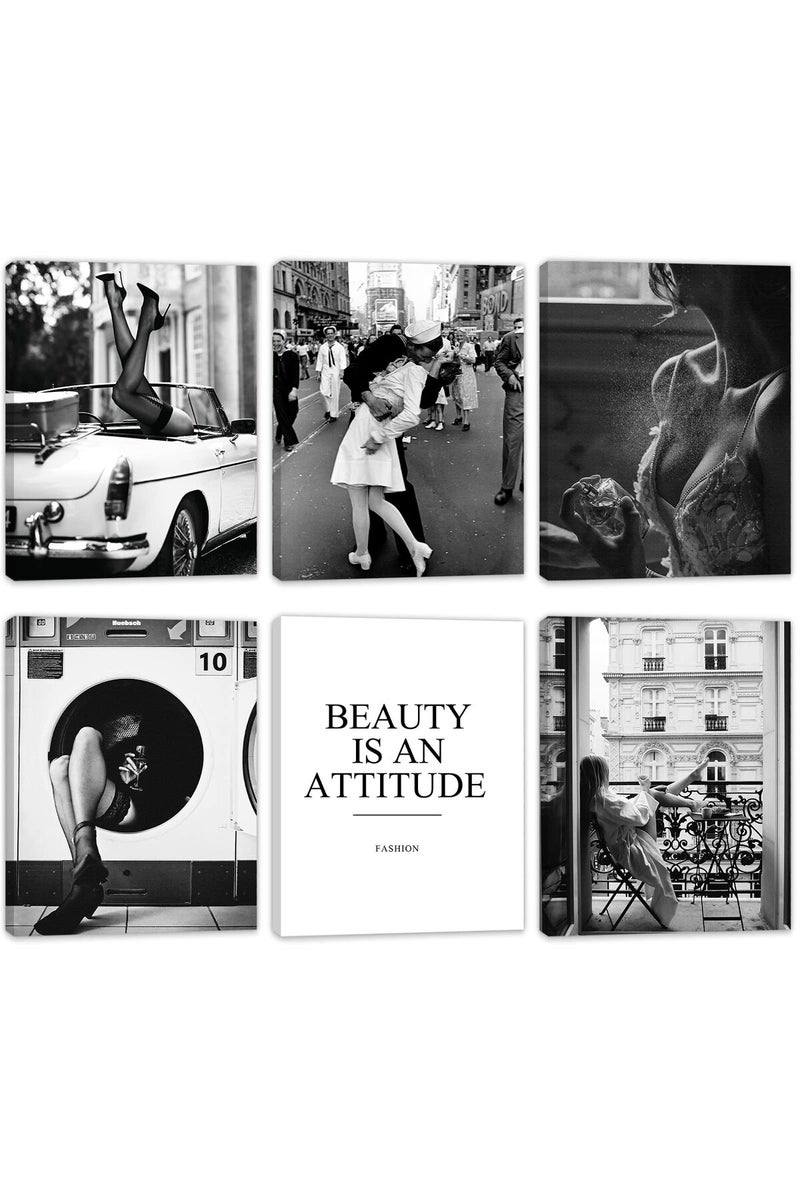 HoozGee Black and White Posters with WOODEN FRAME INSIDE Vintage Fashion Wall Decor Retro Wall Art Prints Pictures Set for Living Room Bedroom Decor (Square Girl Art, 8"x10" FRAME) - Image 1