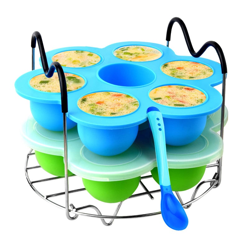 Silicone Egg Bites Mold Set of 4 Steamer Rack with Heat resistant Handle and SpoonReusable Sous Vide Egg Poacher with Lid Fits Instant Pot 568 qt Pressure Cooker