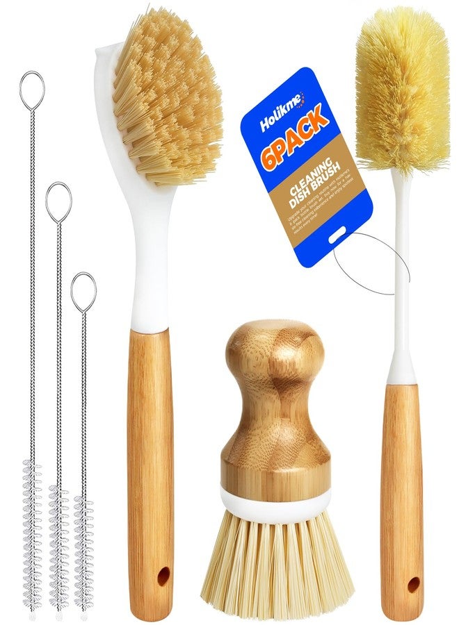 Holikme 6 Pack Dish Brush Kitchen Brushes Set with Vegetable Palm Brush, Bottle Brush, Dish Brush and Straw Brush, Fruit Cleaning Brushes for Cleaning Potato, Amarillo - Image 1