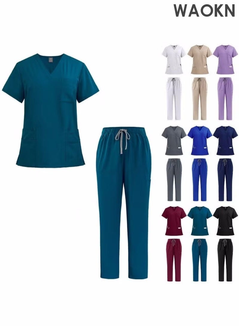 WAOKN Womens Men Medical Scrubs Set Unisex Scrub Top and Scrub Pant Set Medical Uniform Scrubs Medical Uniform Set meticulously crafted to retain its color without fading with repeated washing (dark green) - Image 2