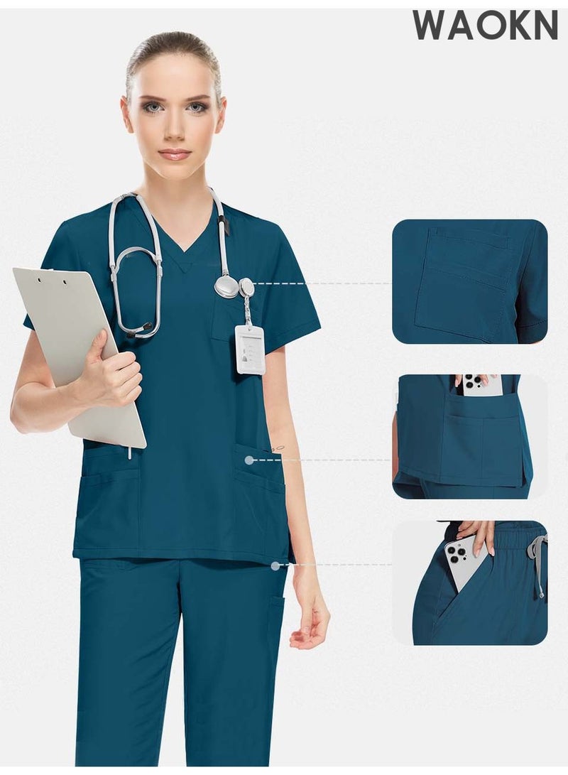 WAOKN Womens Men Medical Scrubs Set Unisex Scrub Top and Scrub Pant Set Medical Uniform Scrubs Medical Uniform Set meticulously crafted to retain its color without fading with repeated washing (dark green) - Image 4