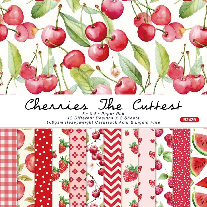 DESEACO 6x6 Berries & Blossoms Scrapbook Paper Pad | 24 Sheets (12 Designs) 160gsm Acid Free Cardstock | Strawberry, Cherry, Raspberry & Watermelon Patterns for Summer Crafts & Card Making - Image 1