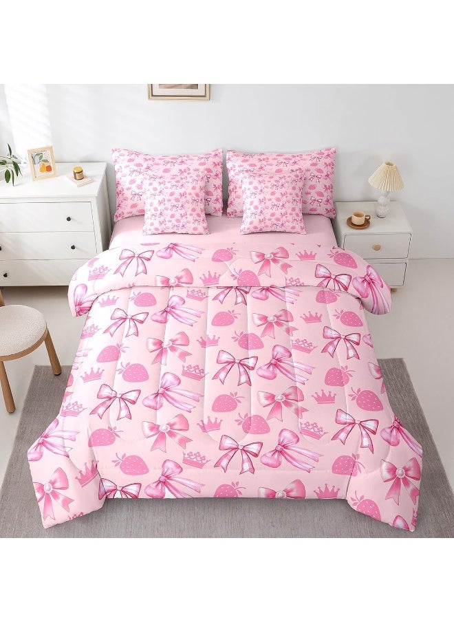 Generic Manfei Cute Bowknot 7 Pieces Bedding Set Twin, Cartoon Princess Style Crown Bow-tie Dreamy Pink Bed in a Bag for Kids, Sweet Strawberry Tropical Fruits Comforter Set with Sheets, Pillow Covers  - Image 1