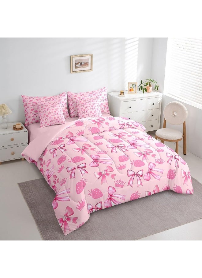 Generic Manfei Cute Bowknot 7 Pieces Bedding Set Twin, Cartoon Princess Style Crown Bow-tie Dreamy Pink Bed in a Bag for Kids, Sweet Strawberry Tropical Fruits Comforter Set with Sheets, Pillow Covers  - Image 2