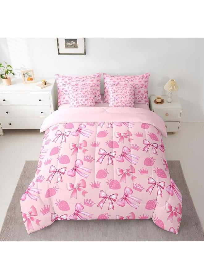 Generic Manfei Cute Bowknot 7 Pieces Bedding Set Twin, Cartoon Princess Style Crown Bow-tie Dreamy Pink Bed in a Bag for Kids, Sweet Strawberry Tropical Fruits Comforter Set with Sheets, Pillow Covers  - Image 3