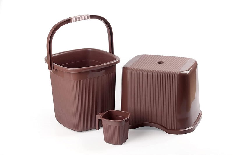 Nayasa Rimmy Strong Plastic Bucket, Mug and Stool Set (3pc Set)| Bathroom Set | (Dark Brown, 18 Liter Bucket, 1.5ltr Mug, a Stool) - Image 1