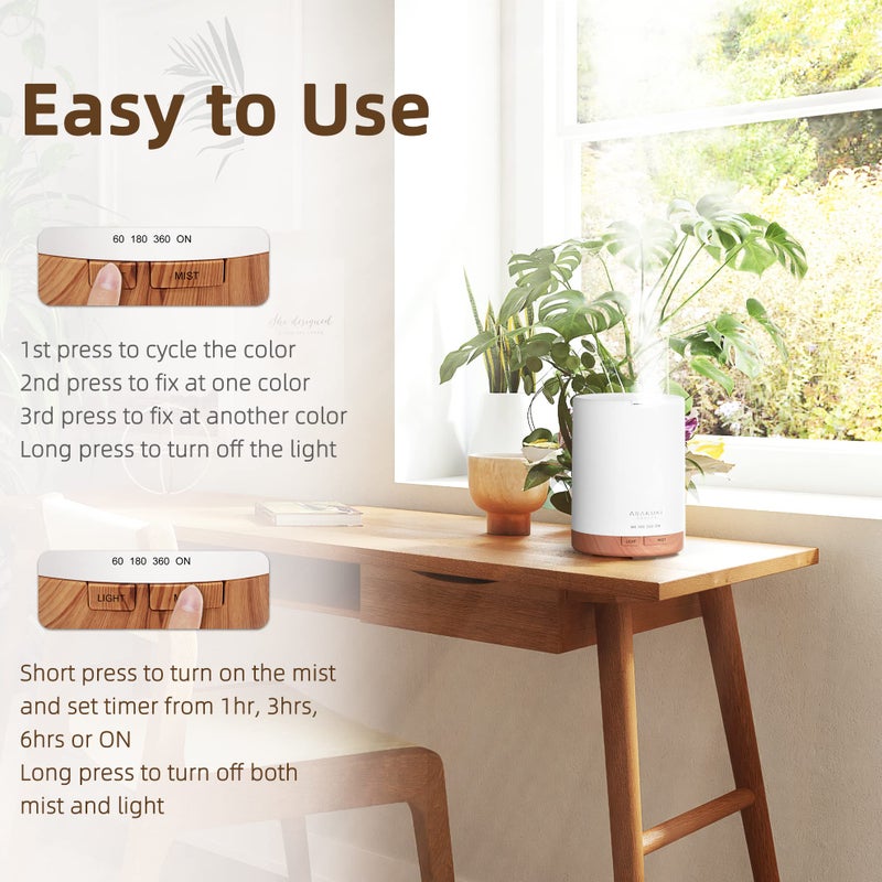 ASAKUKI Essential Oil Diffuser, Aromatherapy Cool Mist Home Humidifier with 7 LED Color Changing Light and Auto-Off Safety Switch, 8 Essential Oils Set, 300ml (X-Brown with Oils) - Image 2