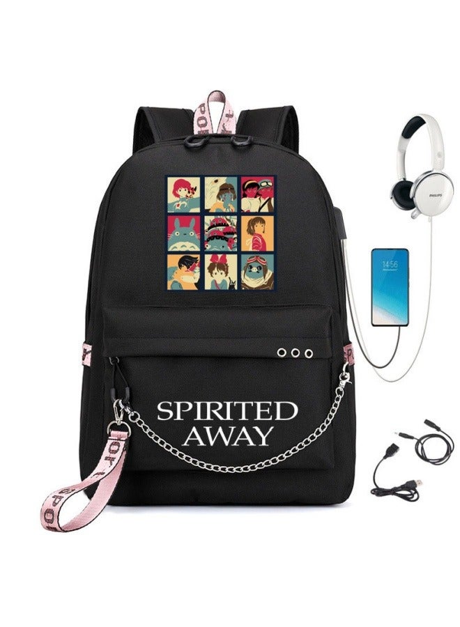Spirited Away Anime-themed Iron Chain USB Double Shoulder Backpack, Travel Backpack, Middle School Student Bookbag, Laptop Bag - Image 1