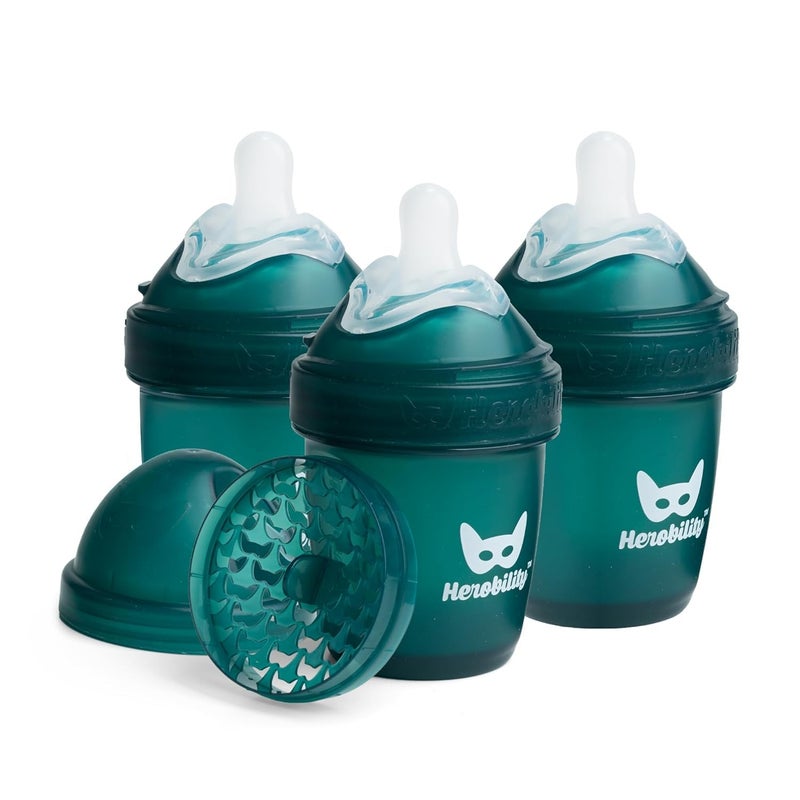 Herobility Double Anti-Colic Baby Bottles - 5 fl oz/140ml - 3-Pack - Dark Green - Image 1