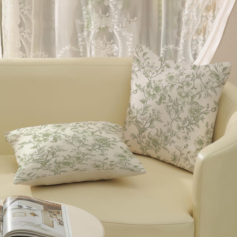 JEFERSO Sage Green Pillow Covers 18x18 Inch Set of 2 Chinoiserie Light Green Floral Throw Pillows Vintage Toile Flower Decorative Pillow Cases Outdoor Floral Decor Linen Cushion Case for Couch Sofa - Image 5