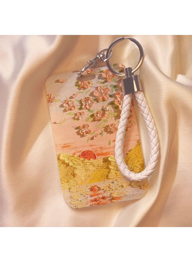 NIBEMINENT 1 - Piece Oil Painting Sunset Kpop Photo Card Holder Pendant Key Chain ID Badge Holder ID Card Holder Photo Card Protector for School ID Office ID Access Card for Women Girls - Image 1