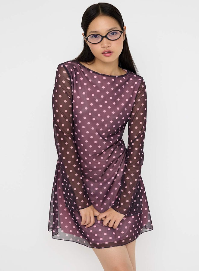 trendyol Plum Polka Dot Printed Tulle Bodycon Short / Mini Lined Stretchy Knitted Dress - Image 1