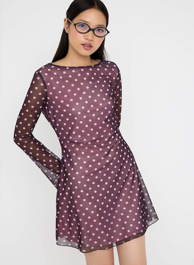 trendyol Plum Polka Dot Printed Tulle Bodycon Short / Mini Lined Stretchy Knitted Dress - Image 2
