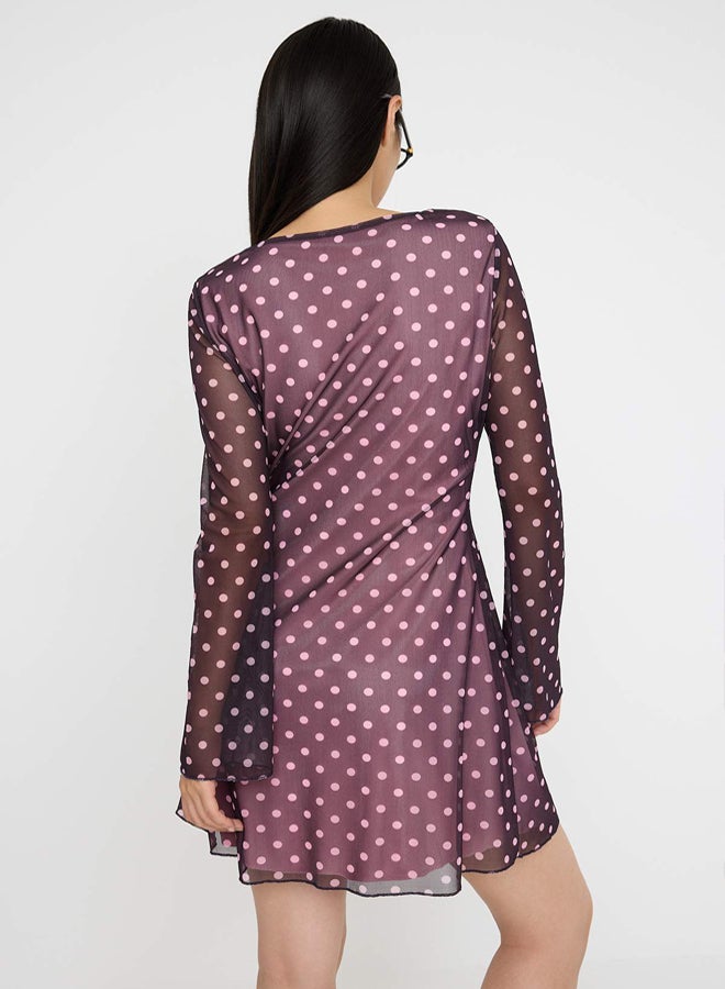 trendyol Plum Polka Dot Printed Tulle Bodycon Short / Mini Lined Stretchy Knitted Dress - Image 4