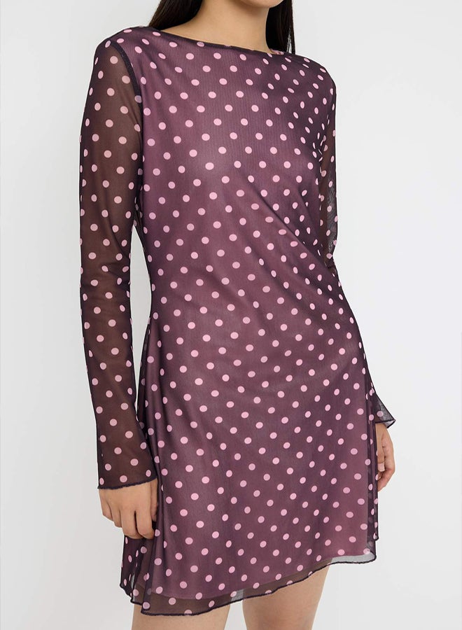 trendyol Plum Polka Dot Printed Tulle Bodycon Short / Mini Lined Stretchy Knitted Dress - Image 3