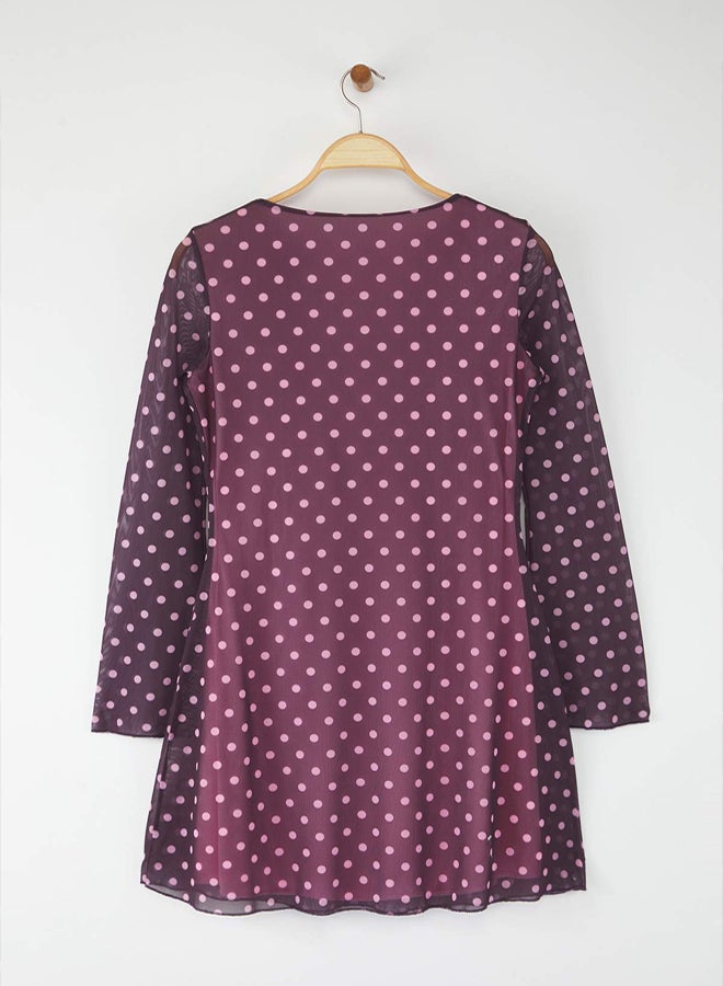 trendyol Plum Polka Dot Printed Tulle Bodycon Short / Mini Lined Stretchy Knitted Dress - Image 5