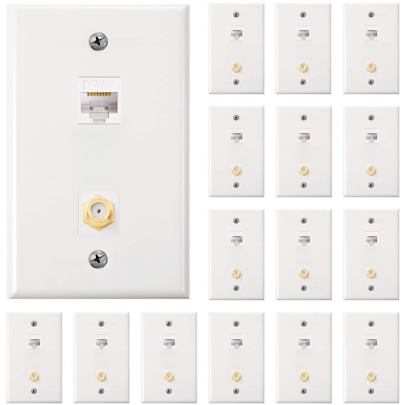 Weewooday Cat 6 Ethernet Wall Plates Cat 6 Coax Wall Plate with Ethernet Port and Goldplated TV Coax Ftype PortWhite16 Pieces - Image 2