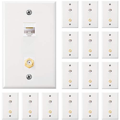 Weewooday Cat 6 Ethernet Wall Plates Cat 6 Coax Wall Plate with Ethernet Port and Goldplated TV Coax Ftype PortWhite16 Pieces - Image 1