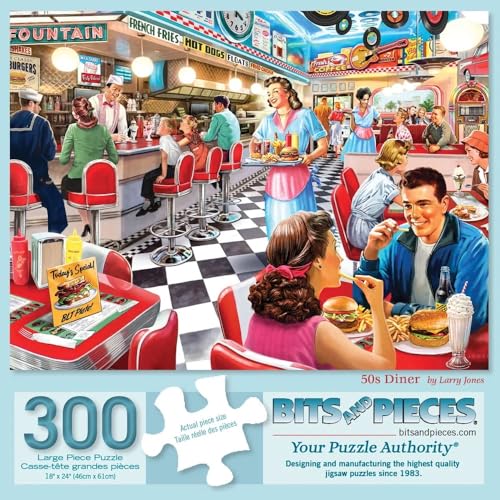 Bits and Pieces 50s Diner Jigsaw Puzzle for Adults Retro American Nostalgia Scene by Larry Jones 300 Piece Puzzle - Image 1