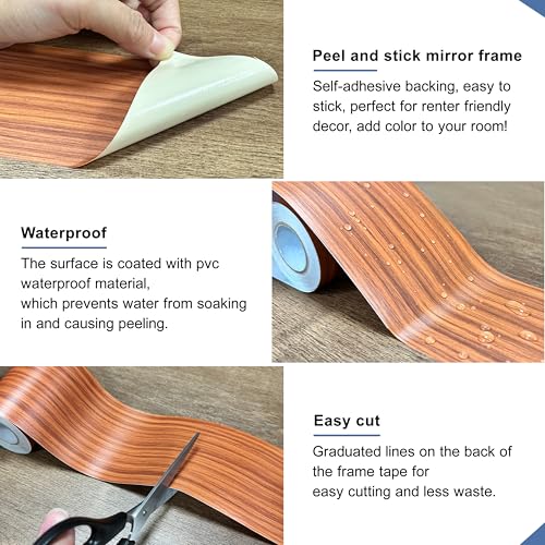 TIANLDD 27 FT Wood Grain Wallpaper Border, Removable Waterproof Mirror Border Peel and Stick,Bathroom Mirror Frame Border.(Brown Oak) - Image 4