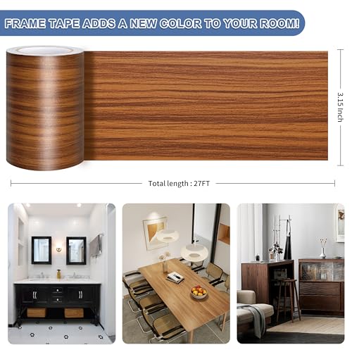 TIANLDD 27 FT Wood Grain Wallpaper Border, Removable Waterproof Mirror Border Peel and Stick,Bathroom Mirror Frame Border.(Brown Oak) - Image 3