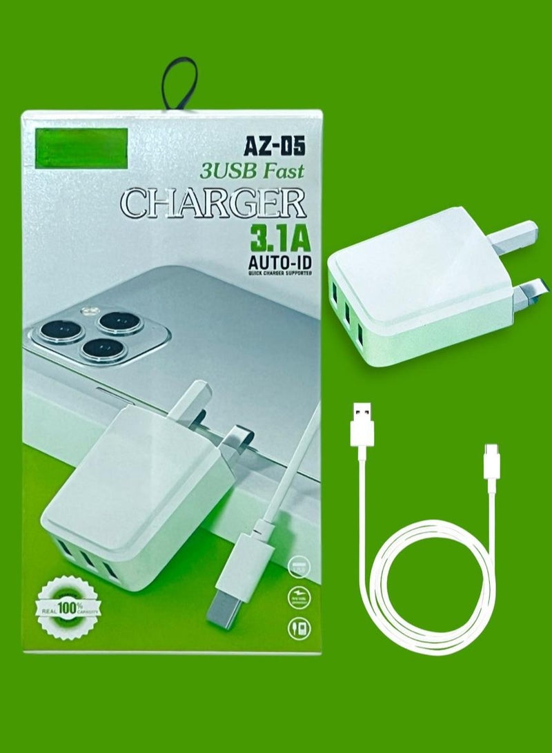 يأتي شاحن AZ-05 3 USB السريع 3.1A مع كابل USB من النوع c.  - Image 1