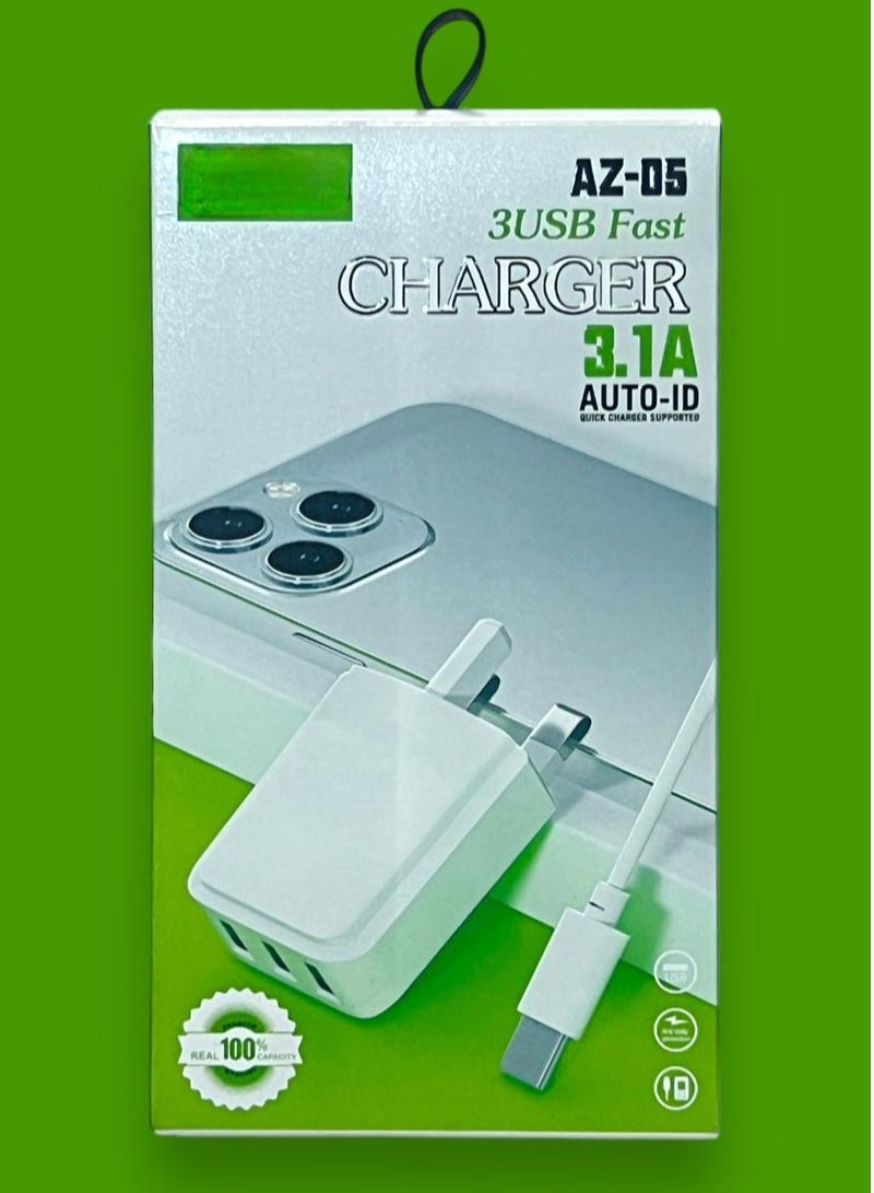يأتي شاحن AZ-05 3 USB السريع 3.1A مع كابل USB من النوع c.  - Image 2