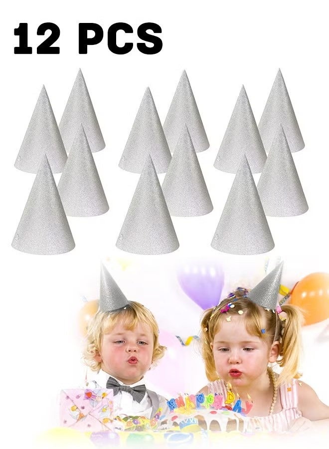 12Pcs Silver Glitter Party Hats - Image 1