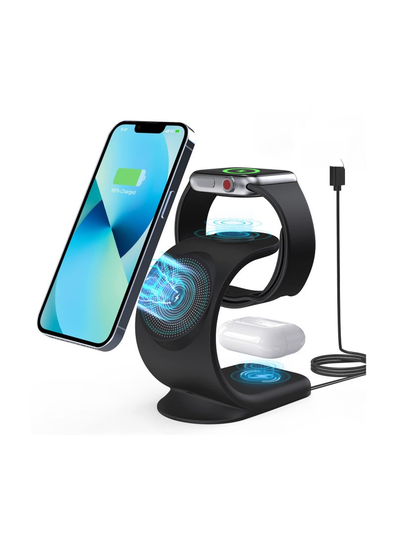 SYOSI 3 in 1 Magnetic Wireless Charger, 15W Fast Charging Station for iPhone 13/ pro/ pro-Max/ 12/ 12 Pro Max, Support for iWatch, for AirPods Pro for Bonus 18W QC 3.0 Adaptor and Magetic Metal Ring (Black) - Image 1