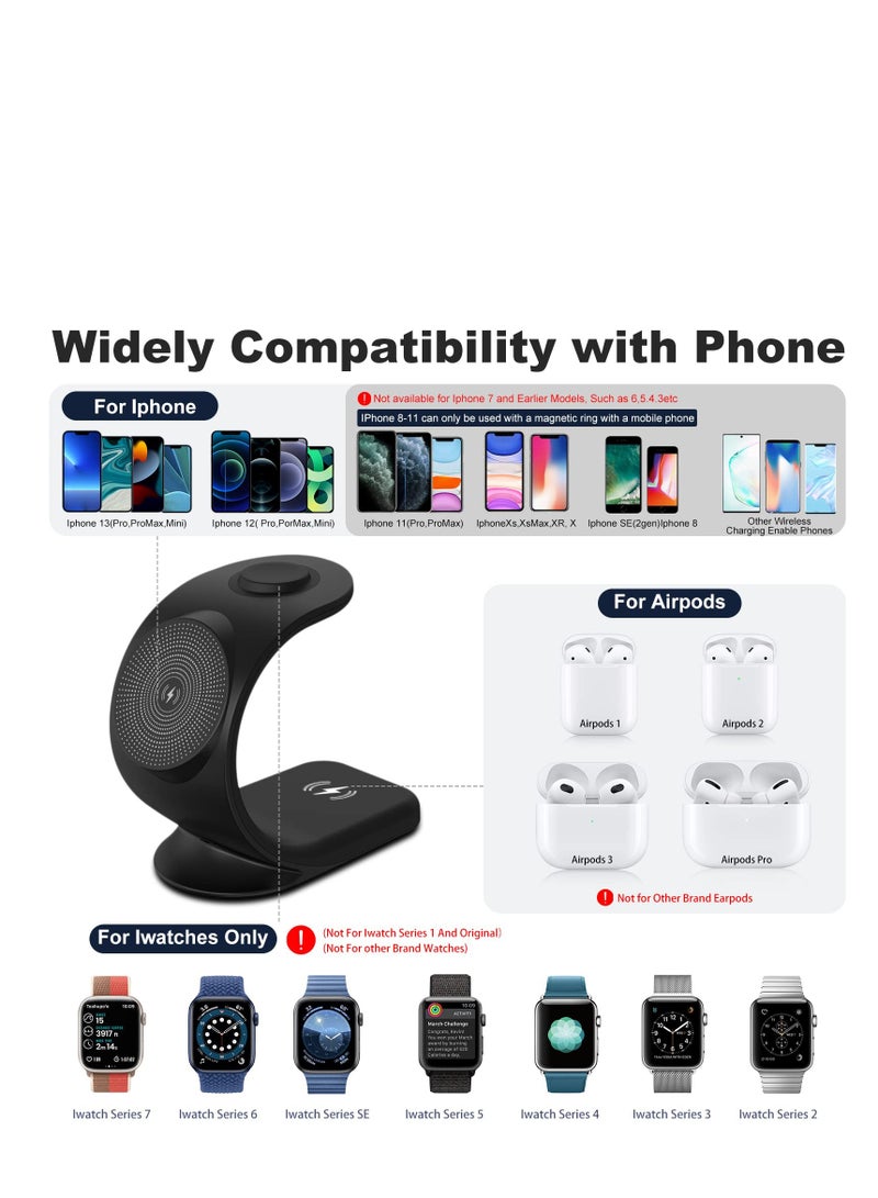 SYOSI 3 in 1 Magnetic Wireless Charger, 15W Fast Charging Station for iPhone 13/ pro/ pro-Max/ 12/ 12 Pro Max, Support for iWatch, for AirPods Pro for Bonus 18W QC 3.0 Adaptor and Magetic Metal Ring (Black) - Image 2