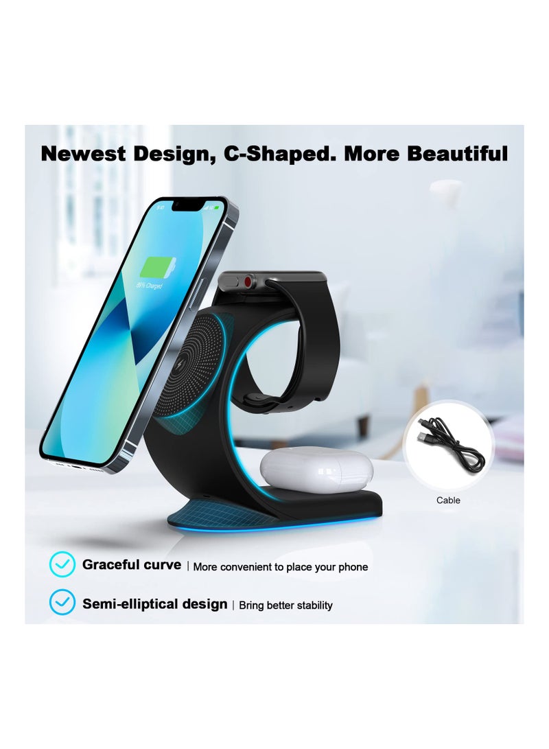 SYOSI 3 in 1 Magnetic Wireless Charger, 15W Fast Charging Station for iPhone 13/ pro/ pro-Max/ 12/ 12 Pro Max, Support for iWatch, for AirPods Pro for Bonus 18W QC 3.0 Adaptor and Magetic Metal Ring (Black) - Image 4