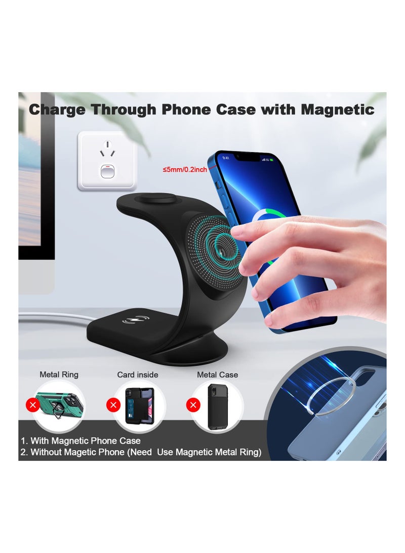 SYOSI 3 in 1 Magnetic Wireless Charger, 15W Fast Charging Station for iPhone 13/ pro/ pro-Max/ 12/ 12 Pro Max, Support for iWatch, for AirPods Pro for Bonus 18W QC 3.0 Adaptor and Magetic Metal Ring (Black) - Image 3