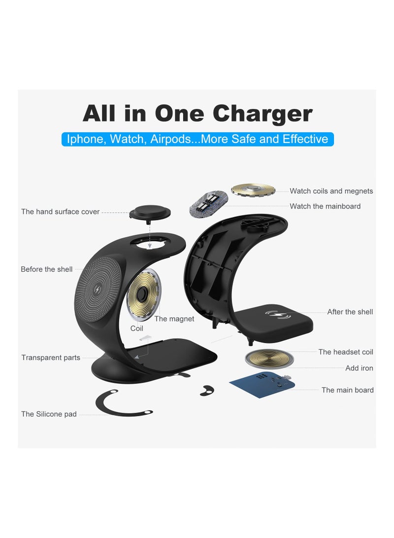 SYOSI 3 in 1 Magnetic Wireless Charger, 15W Fast Charging Station for iPhone 13/ pro/ pro-Max/ 12/ 12 Pro Max, Support for iWatch, for AirPods Pro for Bonus 18W QC 3.0 Adaptor and Magetic Metal Ring (Black) - Image 5