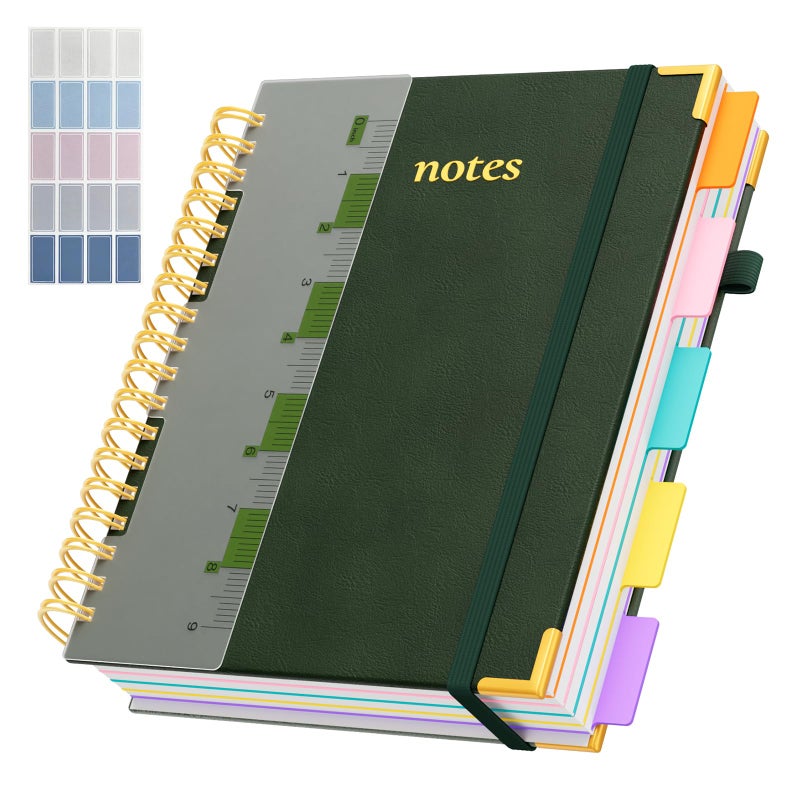 XYark Line Hardcover Spiral Notebook with Removable Dividers Tabs & Ruler, 5 Subject Notebook College Ruled, 300 Page, Large 8"x10" B5 Notebooks for Work School, Lined Journal for Women & Men, Green - Image 1
